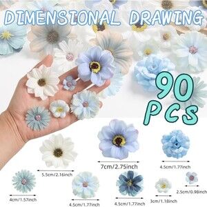 90 Pcs Mini Artificial Silk Flower Heads - Blue Peony, Daisy, Rose Floral Appliq